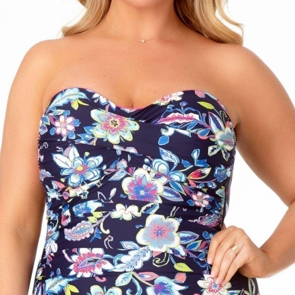 Anne Cole Twist Front Shirred Navy Tropical One Piece Swimsuit - Picture 9 of 14